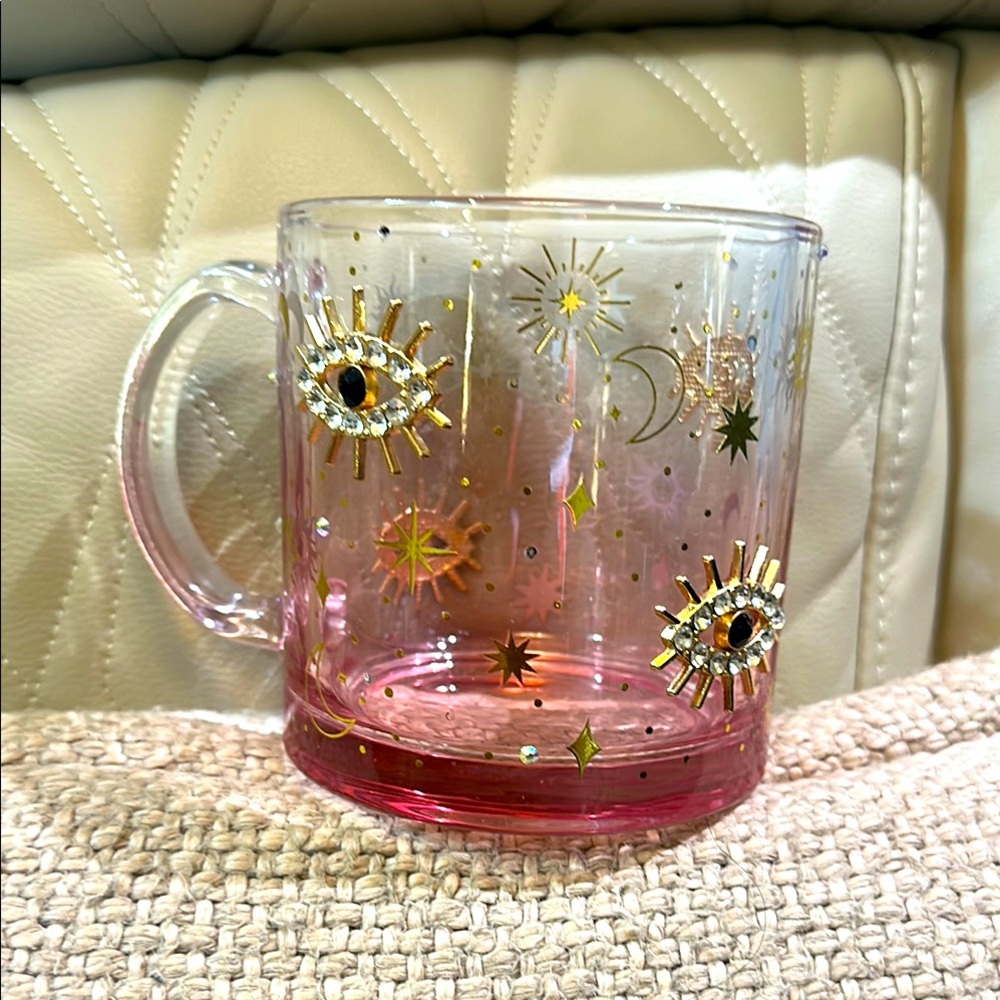 Pink and Gold Evil Eye 🧿 Embellishmed Motif Glass Mug🪬